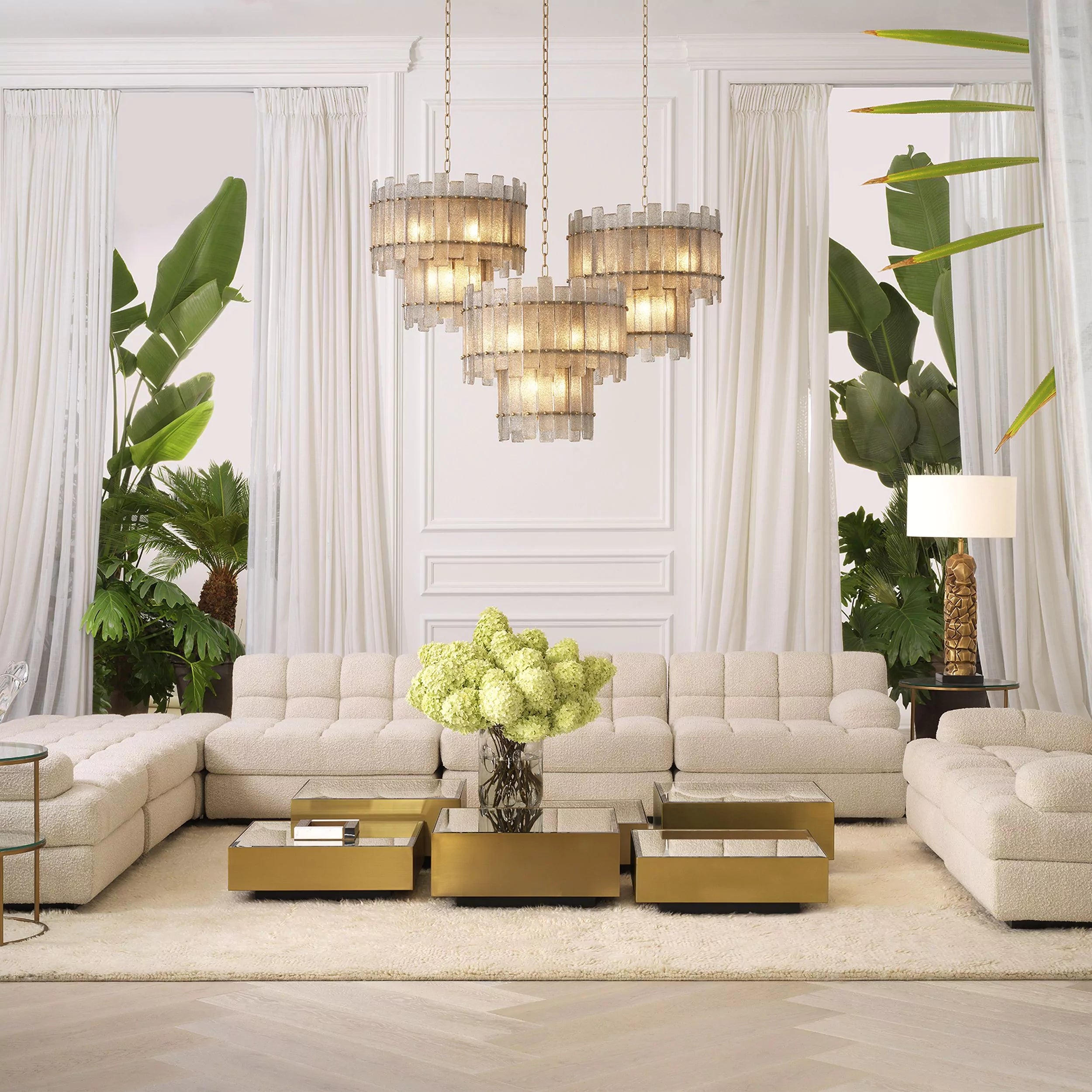 Glacis Modern Brass Chandelier - (Antique Brass Finish | Hand Blown Glass)