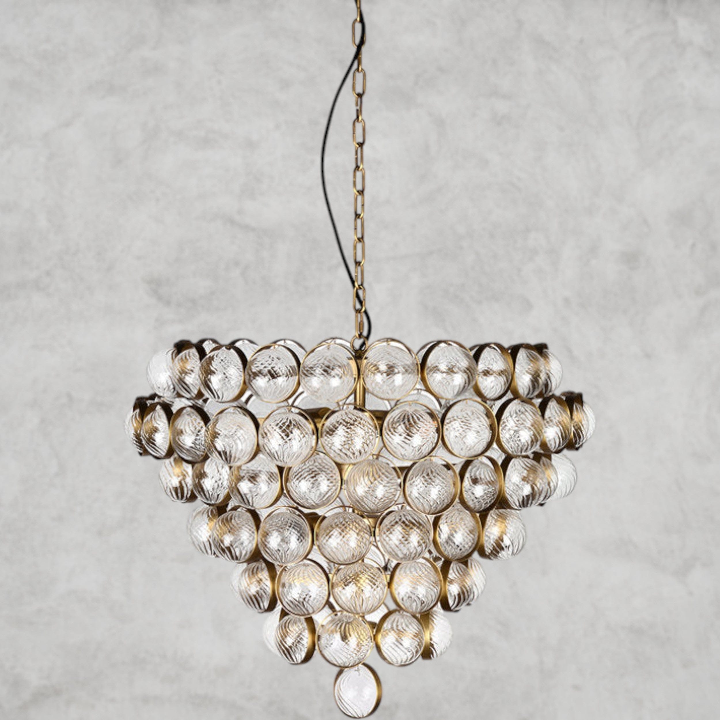 Aged Brass and Textured Glass Large Chandelier
