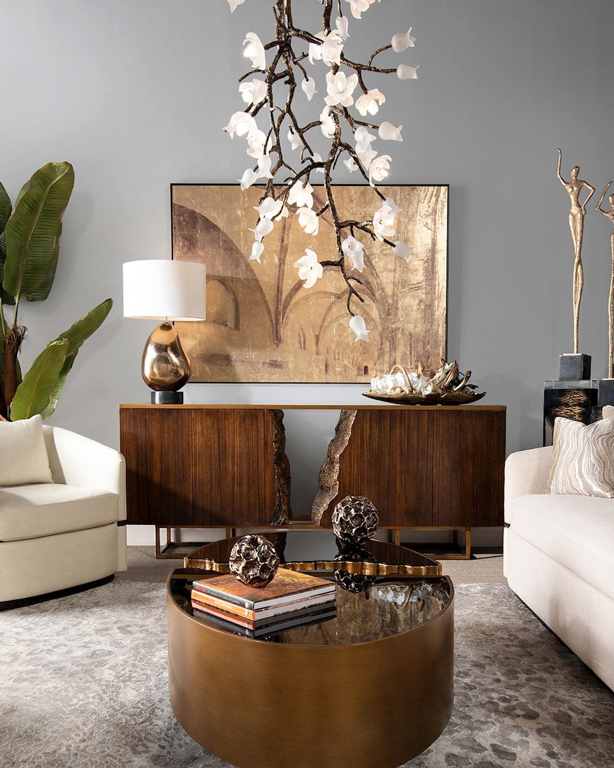 Tulip Glass Bronze Vertical Twenty-One Light Chandelier