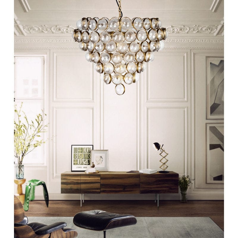 Aged Brass and Textured Glass Large Chandelier