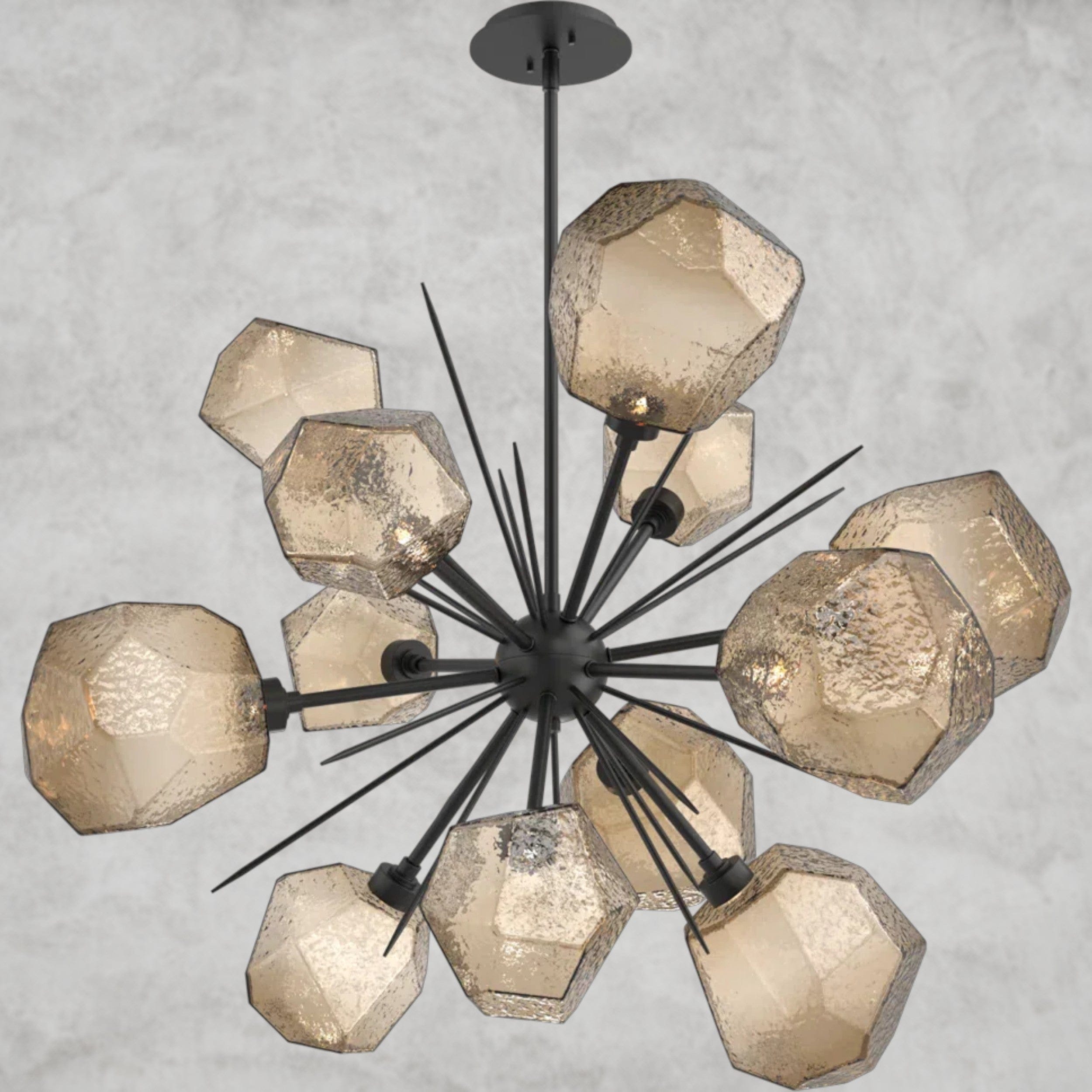 78.3" H x 38.4" Wx 38.4" D / Black / Bronze Glass Gem Starburst Chandelier