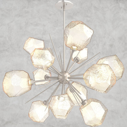 78.3" H x 38.4" Wx 38.4" D / Nickel / Amber Glass Gem Starburst Chandelier