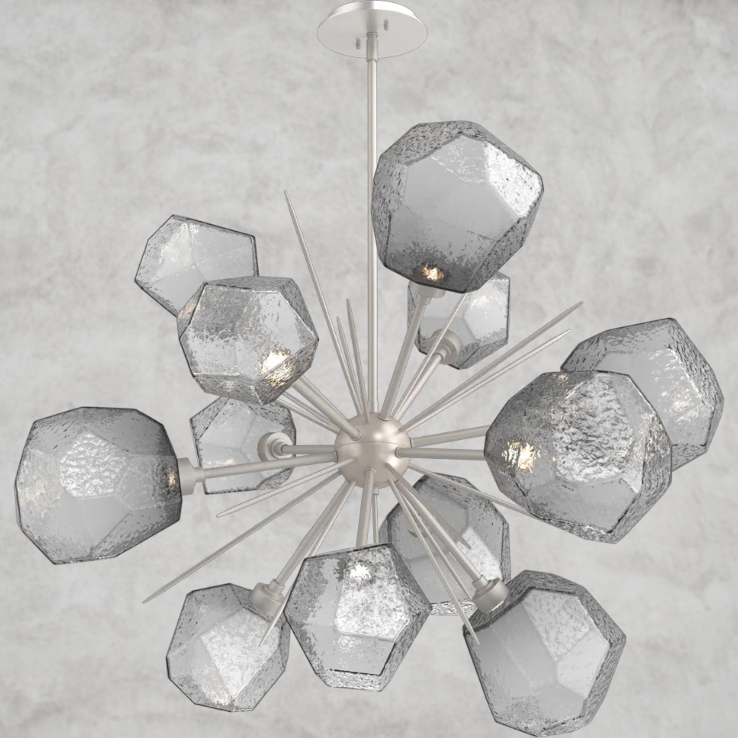 78.3" H x 38.4" Wx 38.4" D / Nickel / Smoke Glass Gem Starburst Chandelier