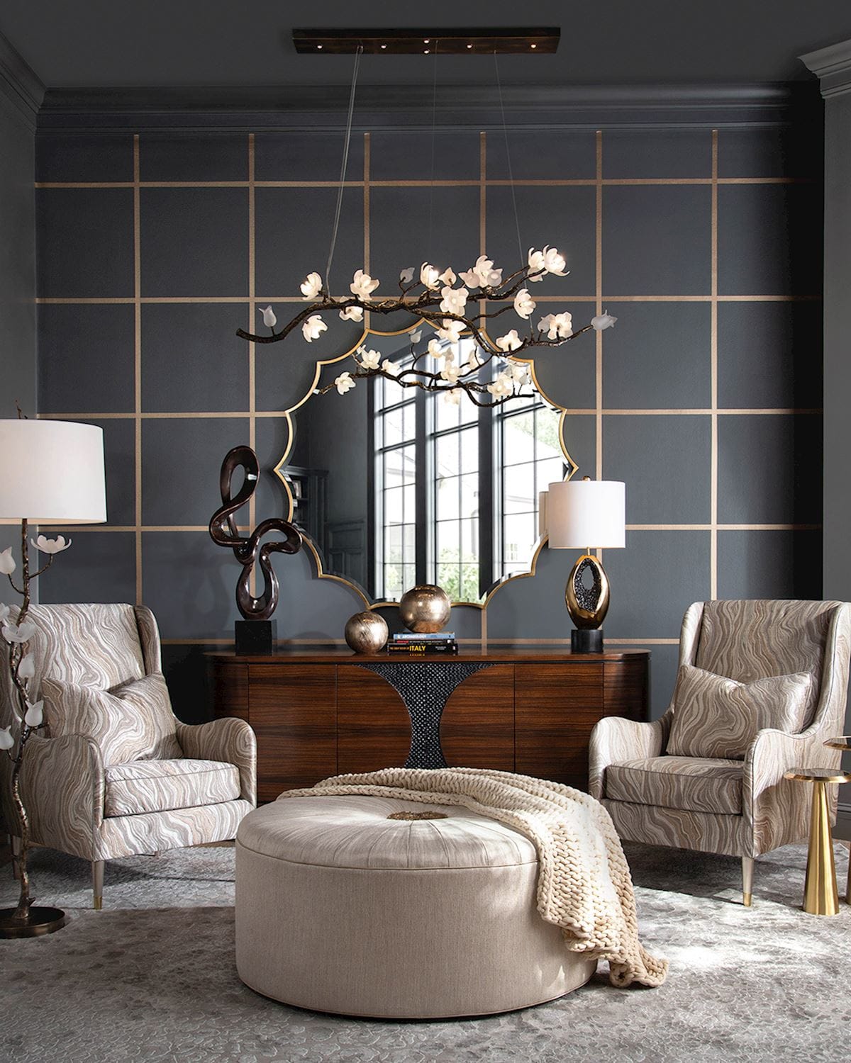 Tulip Glass Bronze Oblong Nineteen-Light Chandelier